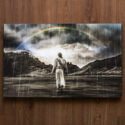 Jesus walking through the Storm with Rainbow