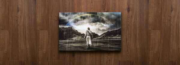 Jesus walking through the Storm with Rainbow